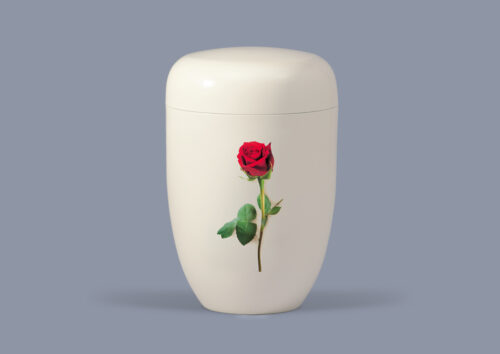 Urne weiß mit Rosen-Motiv auf blauem Hintergrund